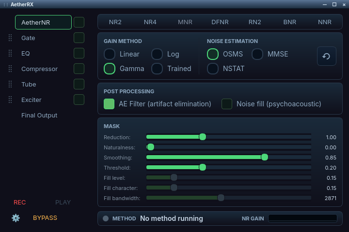 AetherRX window. The left column lists the receive chain stages AetherNR, Gate, EQ, Compressor, Tube, Exciter and Final Output, each with an enable box, with AetherNR selected, and REC, PLAY and BYPASS controls at the bottom. The right side shows the noise-reduction method tabs NR2, NR4, MNR, DFNR, RN2, BNR and NNR, gain method and noise estimation options, post-processing toggles and mask sliders, and a status line reading No method running.