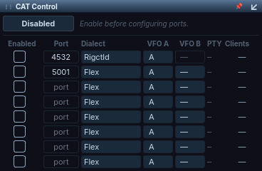 CAT Control applet in its own window. A Disabled button at the top with the hint Enable before configuring ports. Below is a table of CAT channels with the columns Enabled, Port, Dialect, VFO A, VFO B, PTY and Clients: the first row is port 4532 using the Rigctld dialect, the second is port 5001 using the Flex dialect, and the remaining rows are unassigned Flex channels.