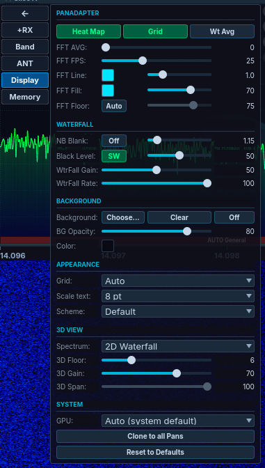 The Display panel open over the left edge of the panadapter. It lists spectrum settings (heat map, grid, weighted average, FFT averaging, FPS, line and fill colours, noise floor), waterfall settings (blanker, auto black, colour gain, rate), background image, grid spacing, scale text and colour scheme, the render mode and 3D settings, the renderer, and buttons to clone display settings to all panadapters or reset them.