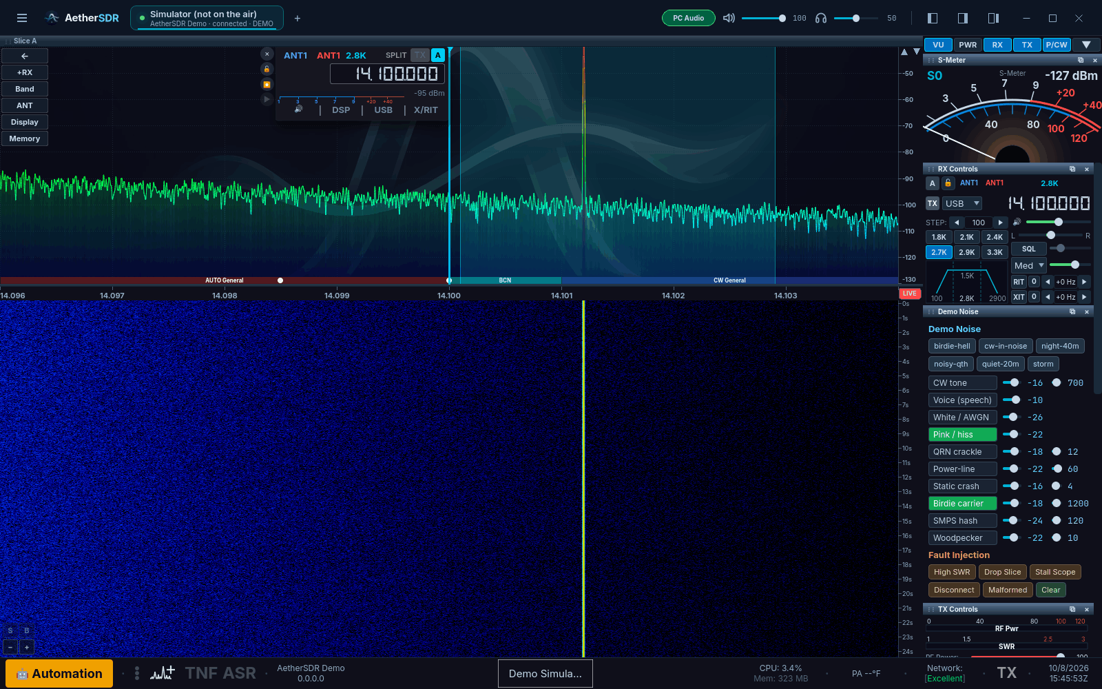 AetherSDR main window in the default dark theme. The title bar shows a tab for the demo radio labelled Simulator (not on the air). The panadapter shows a green spectrum trace around 14.100 MHz with the slice A VFO flag at 14.100.000 USB, and the waterfall below it scrolls in blue. The right-hand applet panel shows the S-Meter, RX Controls, Demo Noise and TX Controls applets.