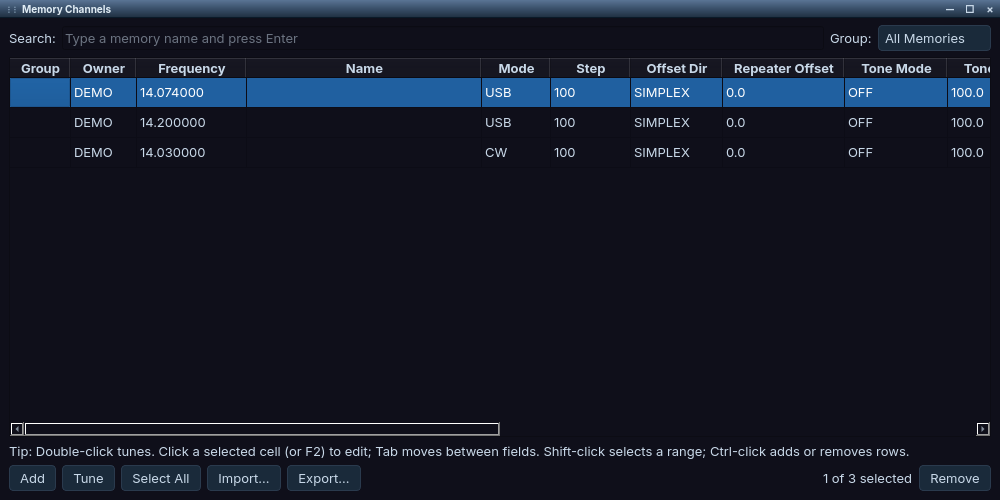 Memory Channels window with a search box and a Group filter set to All Memories. The table has columns Group, Owner, Frequency, Name, Mode, Step, Offset Dir, Repeater Offset and Tone Mode and holds three memories owned by DEMO: 14.074000 USB (selected), 14.200000 USB and 14.030000 CW. A tip line explains how to tune and edit, and the buttons along the bottom are Add, Tune, Select All, Import, Export and Remove, with 1 of 3 selected.