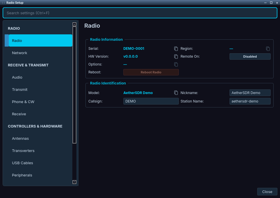 Radio Setup window. A search settings box spans the top. The left tree lists the sections RADIO (Radio, Network), RECEIVE &amp; TRANSMIT (Audio, Transmit, Phone &amp; CW, Receive) and CONTROLLERS &amp; HARDWARE (Antennas, Transverters, USB Cables, Peripherals), with Radio selected. The Radio page on the right shows Radio Information (serial DEMO-0001, hardware version, options, a Reboot Radio button, region and Remote On) and Radio Identification (model AetherSDR Demo, callsign DEMO, nickname and station name).