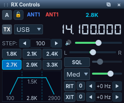 RX Controls applet. It shows the slice letter A with a lock button, RX antenna ANT1 and TX antenna ANT1, filter width 2.8K, a TX button, the mode selector set to USB and the frequency 14.100.000. Below are the tuning step selector set to 100, filter preset buttons from 1.8K to 3.3K with 2.7K selected, a filter passband graphic from 100 to 2900 Hz, and sliders for AF gain, pan, squelch and AGC with AGC set to Med, plus RIT and XIT offsets.