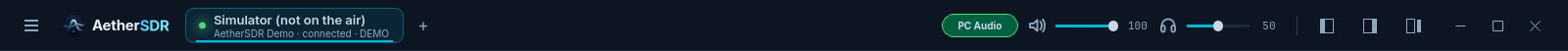 The AetherSDR title bar. From left: the menu button, the AetherSDR logo, a radio tab for the demo reading Simulator (not on the air), AetherSDR Demo, connected, DEMO, and a plus button to add a radio. On the right: a PC Audio button, a speaker icon and volume slider at 100, a headphone icon and slider at 50, three panel layout buttons, and minimise, maximise and close buttons.