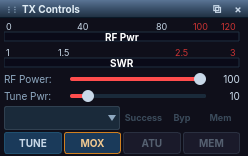 TX Controls applet. An RF power meter scaled 0 to 120 and an SWR meter scaled 1 to 3 sit above the RF Power slider at 100 and the Tune Power slider at 10. Below are a TX profile selector, Success, Byp and Mem ATU indicators, and the TUNE, MOX, ATU and MEM buttons.