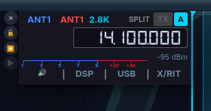VFO flag for slice A on the panadapter. The top row shows the RX antenna ANT1, the TX antenna ANT1, the filter width 2.8K, SPLIT, TX and the slice letter A. The large frequency readout reads 14.100.000, above a signal meter. The bottom row has audio, DSP, USB and X/RIT tabs. A column of small close, lock, record and play buttons sits to the left of the flag.